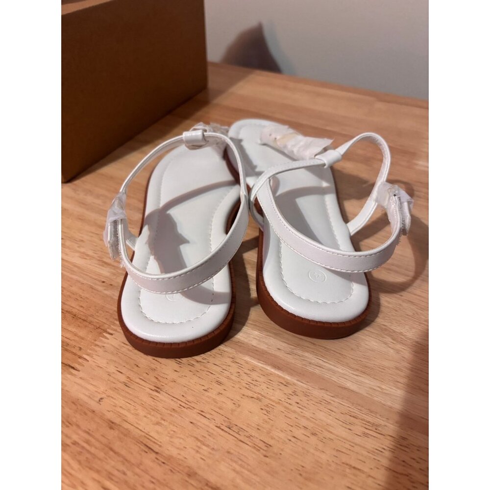 Youth Size 4 T-Strap White Sandals With Brown Sole - Picture 2 of 6